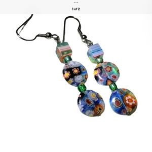 Vintage Murano Millefiori Venetian Italian Glass Dangle Sterling Silver Earrings